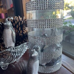 Sparkling Silver Penguins Decor Set in Rhinestone Bling Accented Glass Vase 8 pc